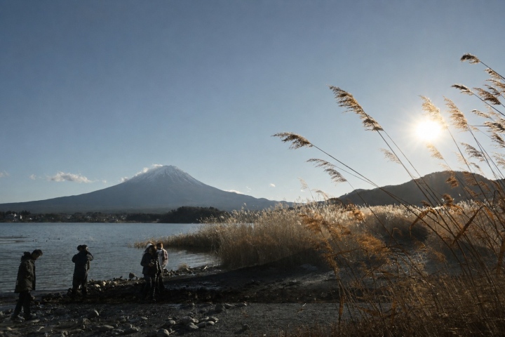 逆光蘆葦與湖畔人影，遠方是富士山