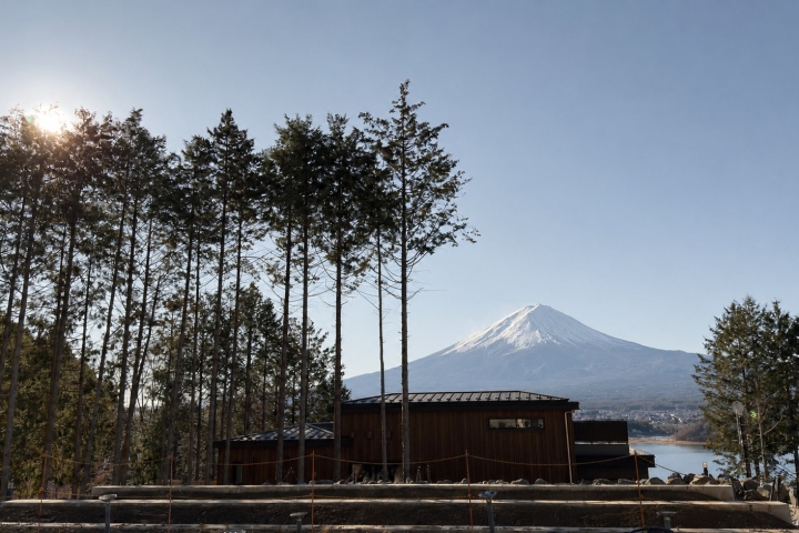 高聳樹木與木屋後方的富士山