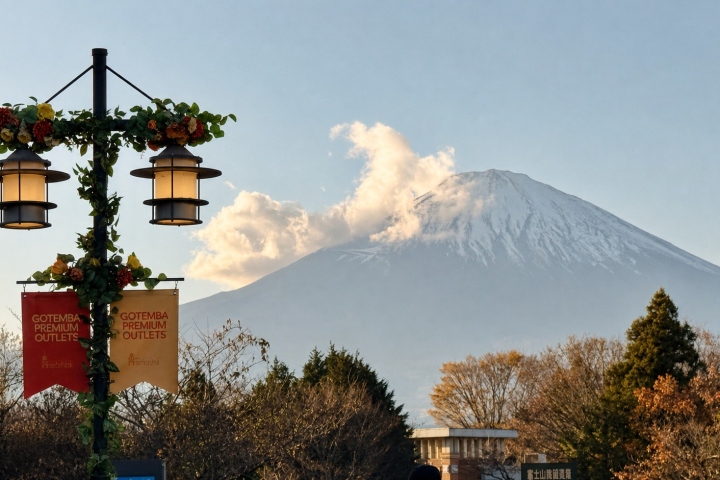 街燈與秋樹框住富士山雪峰