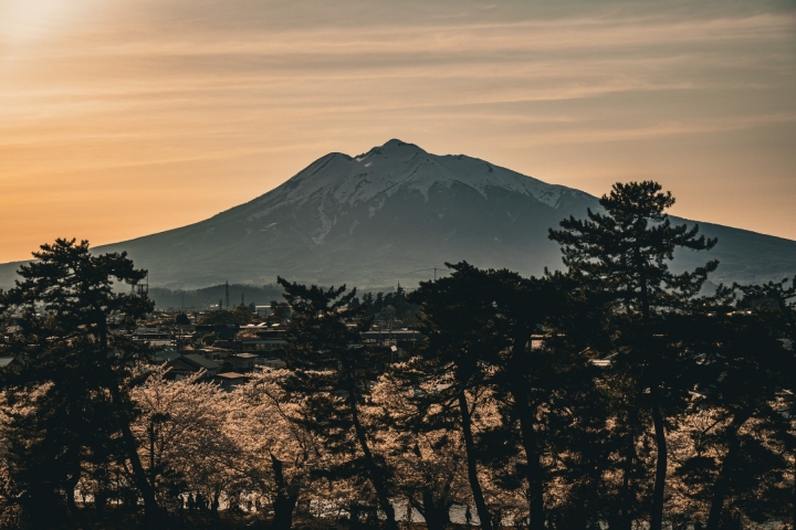 暖色夕空下的山峰輪廓與前方深色樹影